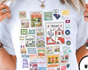 Staten van de VS reizen collage comfort kleuren T-shirt vintage staatszegels T-shirt road trip souvenir Amerikaanse stickerbom 50 staten cadeau