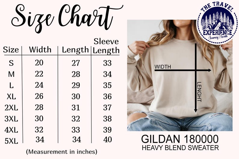 May include: A size chart for a Gildan 180000 heavy blend sweater, with measurements in inches. The chart includes sizes S to 5XL, with corresponding width, length, and sleeve length measurements. A woman is wearing the sweater.