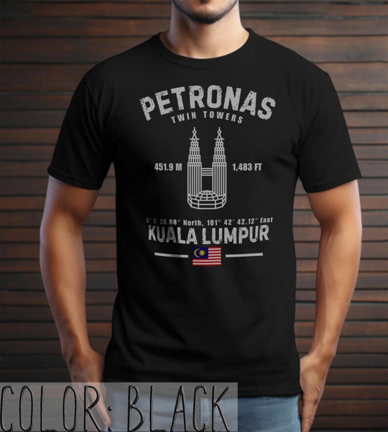 Chemise tours jumelles Petronas t-shirt Kuala Lumpur couleurs confort Malaisie voyage souvenir ville horizon architecture cadeau art urbain minimaliste Black