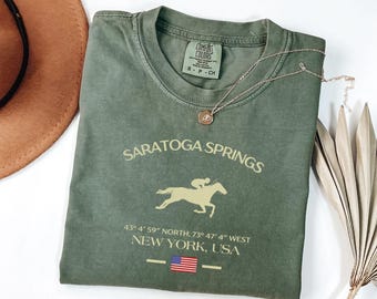 Saratoga Springs New York Shirt Horse Racing Tee Comfort Colors Jockey Silhouette Equestrian Gift NY Souvenir USA Derby Thoroughbred
