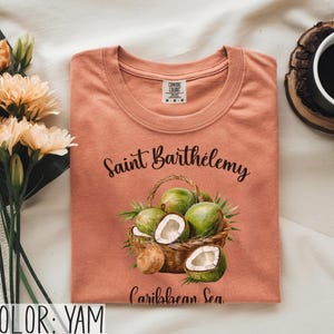 K&ouml;nnte beinhalten: Ein yamfarbenes T-Shirt mit Rundhalsausschnitt. Das Shirt zeigt eine Grafik eines Korbes voller gr&uuml;ner Kokosn&uuml;sse und den Text "Saint Barth&eacute;lemy Caribbean Sea" in schwarzer Schrift. Das Shirt ist auf einer wei&szlig;en Oberfl&auml;che gefaltet.