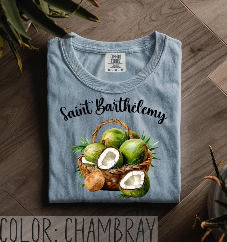 K&ouml;nnte beinhalten: Hellblaues T-Shirt mit dem Text "Saint Barth&eacute;lemy" &uuml;ber einer Aquarellillustration eines Korbes voller gr&uuml;ner Kokosn&uuml;sse und Kokosnussh&auml;lften. Das Shirt ist mit "Comfort Colors" gekennzeichnet. Die Farbe ist "Chambray".
