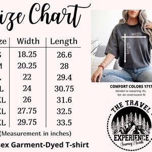 Op de afbeelding: Maattabel voor een unisex garment-dyed t-shirt. Afmetingen in inches worden gegeven voor maten S t/m 4XL. De afbeelding toont ook een model dat een XL shirt draagt voor een oversized pasvorm. Het shirt is Comfort Colors 1717.