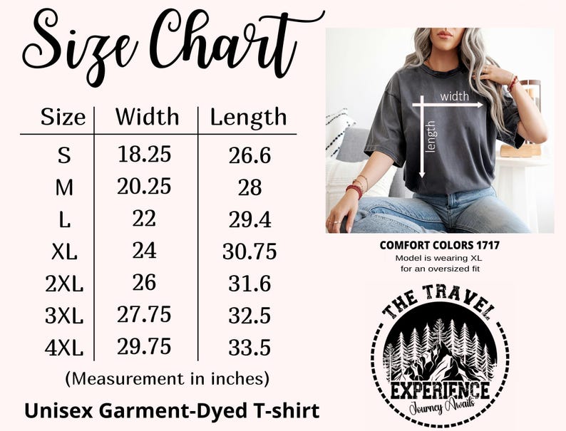 Op de afbeelding: Maattabel voor een unisex garment-dyed t-shirt. Afmetingen in inches worden gegeven voor maten S t/m 4XL. De afbeelding toont ook een model dat een XL shirt draagt voor een oversized pasvorm. Het shirt is Comfort Colors 1717.