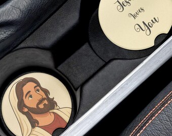 Jesus Loves You Car Coasters, Preppy Christian Accessories, Pixar, Religious Cup Holder Mats.