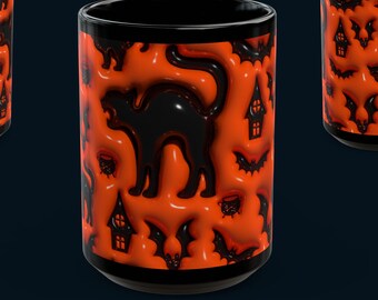 Mug d'Halloween chat noir, Mug d'Halloween mignon, Cadeau de pendaison de crémaillère, Mug fantôme et chauve-souris, Ambiance effrayante, Cadeau d'Halloween