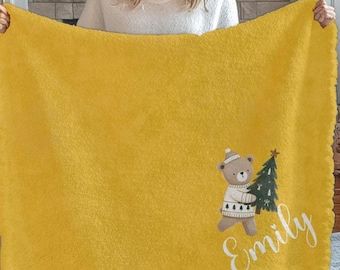 Couverture de Noël personnalisée avec nom, motif bohème des fêtes avec ours, renne, train plus - Cadeau parfait pour les enfants et les familles