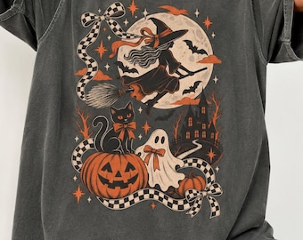 T-shirt rétro Halloween, T-shirt Comfort Colors, T-shirt vintage sorcière chat noir fantôme, T-shirt graphique citrouille Halloween mignon et effrayant