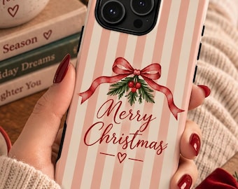 Coque de téléphone de Noël, coque iPhone à rayures roses, coque nœud Coquette, coque de Noël girly, joli cadeau de Noël pour elle