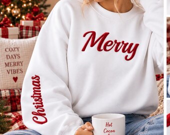 Sweat-shirt Joyeux Noël, pull ras du cou personnalisé à imprimé en relief, pull de Noël couleur personnalisée, t-shirt de fêtes, cadeau de Noël pour elle