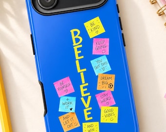 Coque de téléphone « Crois en toi », coque avec post-it motivant, cadeau pour fan de foot, coque de protection pour iPhone 16, 15, 14, 13 Pro Max, finition mate ou brillante