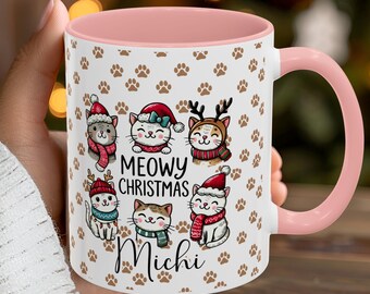 Mug de Noël miaou personnalisé avec chatons, nom d'animal de compagnie personnalisé, cadeau de fête pour les amoureux des chats