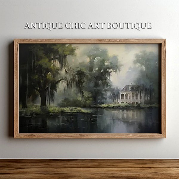 Antique Old Southern Mansion Cypress Moss Trees Traditional Oil Painting New Orleans Decor Farmhouse Art Cottage Moody Countryside Landscape