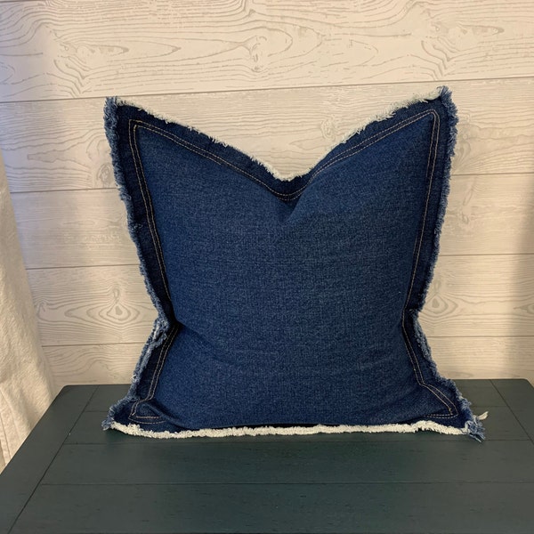 Dark Denim Jean distressed and fringed edge flange Pillow cover with zipper, toss pillow cover, Sofa, nook, dorm or bench throw pillow cover