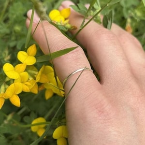 May include: A delicate silver ring worn on a finger, surrounded by vibrant yellow flowers and green foliage. The ring is a simple band, reflecting light. The scene evokes a sense of natural beauty and simplicity.