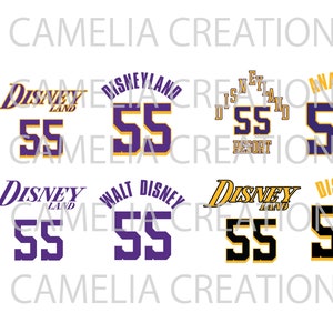 May include: Eight different designs for iron-on transfers featuring the text "Disneyland" and "Disney" with the number 55. The designs are in purple, yellow, and black.