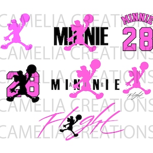 May include: Pink and black silhouette of a cartoon character playing basketball with the text "Minnie" and "28" in pink. The character is wearing a jersey with the number "28" on it. The text "Flight" is also included in black.