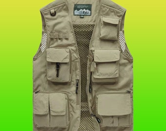 brown Mens Cargo Multi Pocket Utility Vest Fishing Hiking Camping Gilet Waistcoat Tops