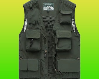 green Mens Cargo Multi Pocket Utility Vest Fishing Hiking Camping Gilet Waistcoat Tops