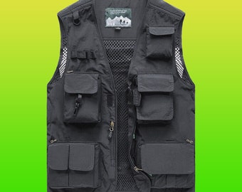 black Mens Cargo Multi Pocket Utility Vest Fishing Hiking Camping Gilet Waistcoat Tops