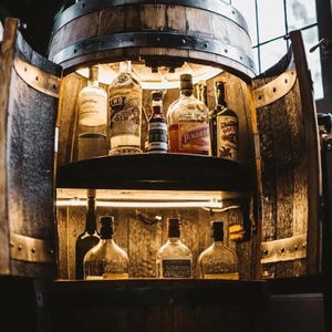 Whiskey Barrel Bar Cabinet | Rustic Home Bar & Drink Storage | Personalized Liquor Cabinet | Bourbon Barrel Bar Furniture