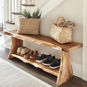 Narrow handmade hallway shoe bench rack | Mid century entryway woven bench | Wooden storage bench | Living room furniture gift for her