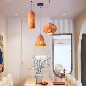 Coastal Farmhouse Rattan Pendant,Rustic Rattan Hanging Light,Handmade Rattan Lamp Shade For Kitchen Island,Nordic Woven Light Living Room
