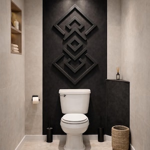 May include: A modern bathroom interior featuring a white toilet, a decorative black wall accent, and a woven basket. The walls are a light gray, and the floor has a neutral rug. The room is well-lit with recessed ceiling lights.