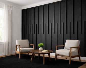May include: A contemporary living room scene with two beige armchairs with wooden frames, a round wooden coffee table, and a black rug. The feature wall is black with vertical design. A small plant provides a touch of green.