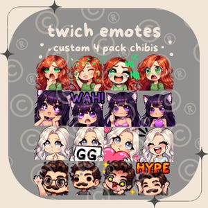 four customized emote pack, custom twitch emotes, custom illustration, stylized commission, cartoon emotes