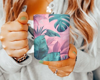 Caneca de café Boho Chic, caneca rosa e verde, caneca Boho, presente para ela, presente para ele, presente para a mãe, xícara de chá com padrão Boho, vintage, botânico