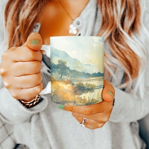River Mug, River Coffee Mug, Pretty River Scenery Mug, River Scenery Coffee Mug, Watercolor River, Gift for Mom, Gift for Dad, Teacup, Gift