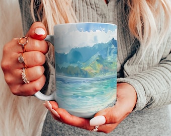 Hanalei Beach Hawaii Mug – Tropical Coffee Cup – Hawaiian Landscape Ceramic Mug – Ocean Sunrise Gift – Island Vibes Beach Scene Mug - 15oz