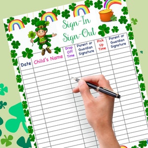 Sign In and Sing Out Form For Daycare St. Patrick&#39;s Day, School, Childcare, Home Daycare, Preschool Sign In Sheet