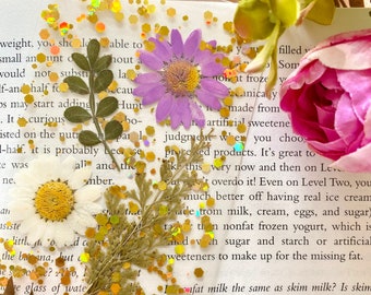 Dry Pressed Flowers Bookmark Book Lover Gift Sparkly Extra Wide and Long