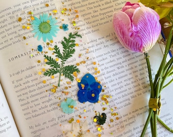 Dry Pressed Flowers Blue Mini Bookmark Book Lover Gift Sparkly