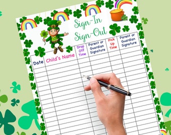 Sign In and Sing Out Form For Daycare St. Patrick's Day, School, Childcare, Home Daycare, Preschool Sign In Sheet
