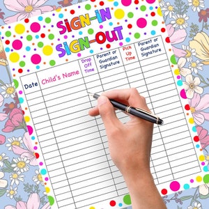 Festive Polka Dots Sign In and Sing Out Form For Daycare, School, Childcare, Home Daycare, Preschool Sign In Sheet