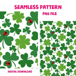 Könnte beinhalten: Nahtloses Muster mit grünen Kleeblättern und roten Marienkäfern auf weißem Hintergrund. Die Wörter "SEAMLESS PATTERN", "PNG FILE" und "DIGITAL DOWNLOAD" sind in rosa dargestellt.