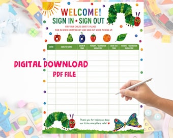 The Very Hungry Caterpillar Sign In Sign Out Sheet: Daycare, Preschool PDF and PNG File Digital Download