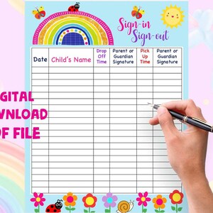 Sign In and Sign Out Rainbow  For Daycare, School, Childcare, Preschool Sign In Sheet Digital Download PDF