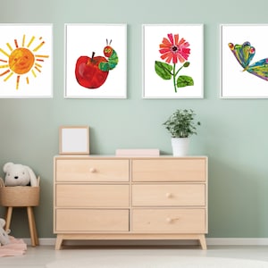 Arte de pared imprimible de La oruga muy hambrienta - Juego de cuatro - Descarga digital JPEG para habitación de bebé