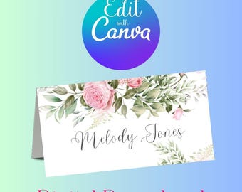 May include: A white place card with pink roses and green foliage, with the name "Melody Jones" in elegant script. The image includes the text "Digital Download" and a circular logo that says "Edit with Canva".