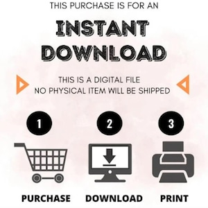 K&ouml;nnte beinhalten: Eine grafische Illustration, die die Schritte zum Herunterladen einer digitalen Datei zeigt. Die Schritte sind: 1. Kaufen, 2. Herunterladen, 3. Drucken. Die Illustration zeigt einen Einkaufswagen, einen Computerbildschirm mit einem Download-Pfeil und einen Drucker.