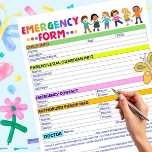 Emergency Contact Form Daycare, School, Childcare, Digital Download Printable PDF File