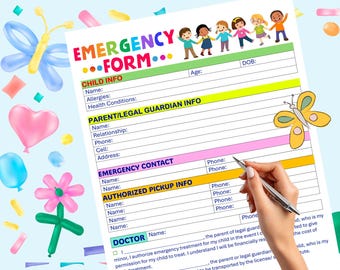 Formulario de contacto de emergencia para guarderías, escuelas y centros de cuidado infantil. Descarga digital en formato PDF imprimible.