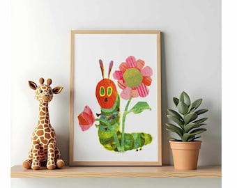 The Very Hungry Caterpillar Standing with a Flower Wall Art Single PNG Transparent Digital Download