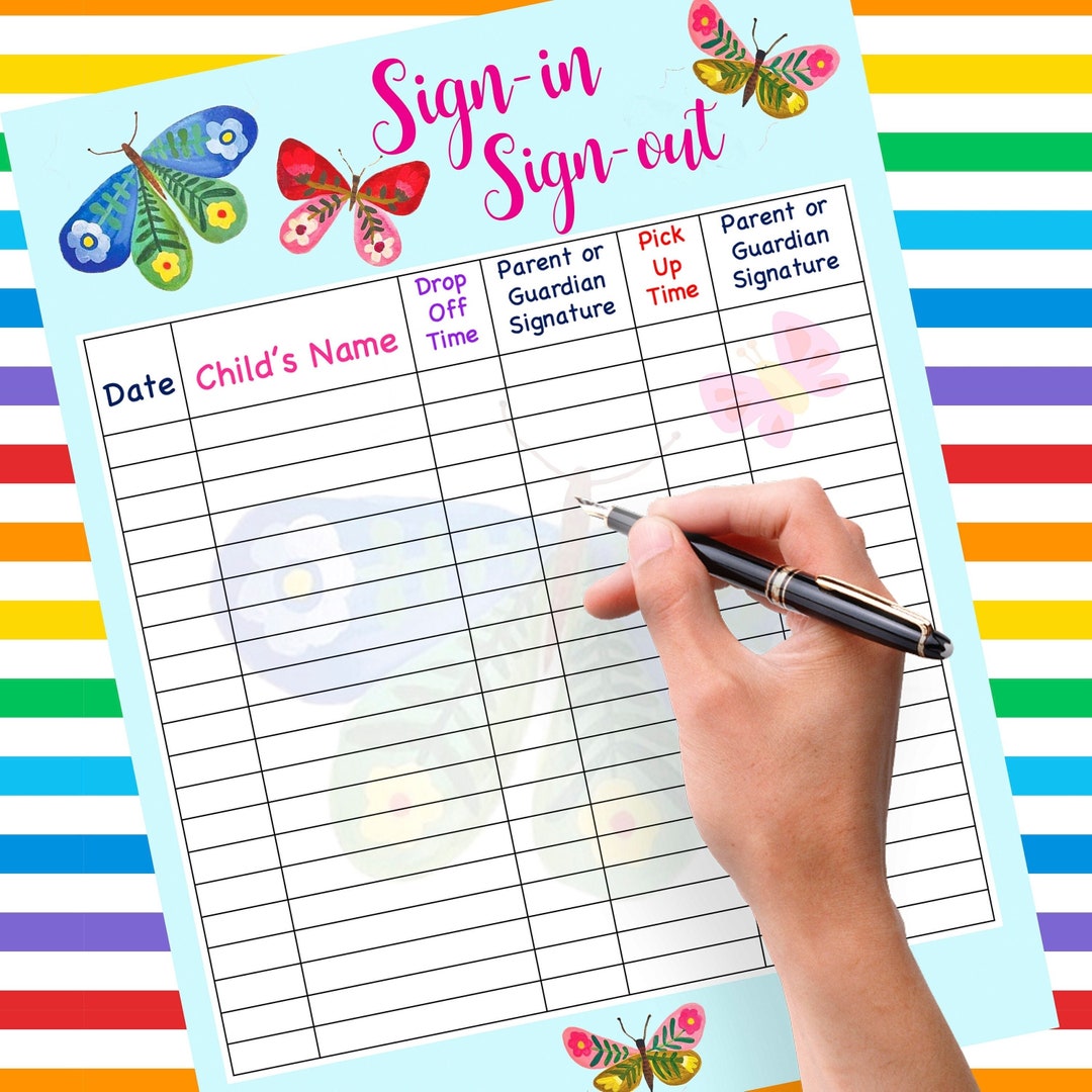 Sign in and Sign Out Butterflies Form for Daycare, School, Childcare