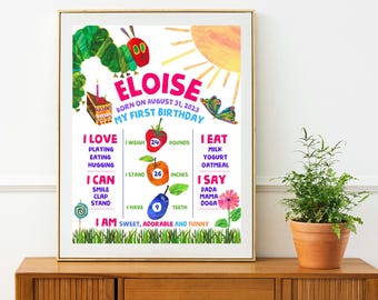Puede incluir: Un cuadro enmarcado con una tabla de cumpleaños personalizada para Eloise. El diseño colorido incluye una oruga, un sol y el texto: "Eloise, Nacida el 31 de agosto de 2023, Mi primer cumpleaños." Pesa 10,9 kg y mide 66 cm.