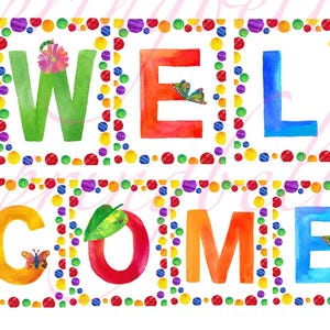 Può includere: Un cartello di benvenuto colorato con la parola "WELCOME" scritta in grandi lettere luminose. Ogni lettera è circondata da un bordo di punti colorati.